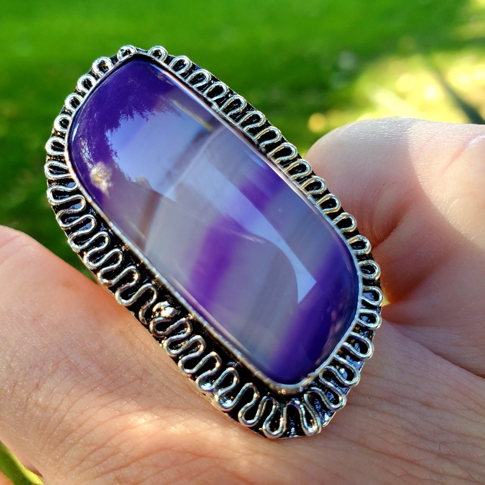 **$15 Sale** New Purple Stripes Agate 925 Silver Ring. - Picture 3 of 10
